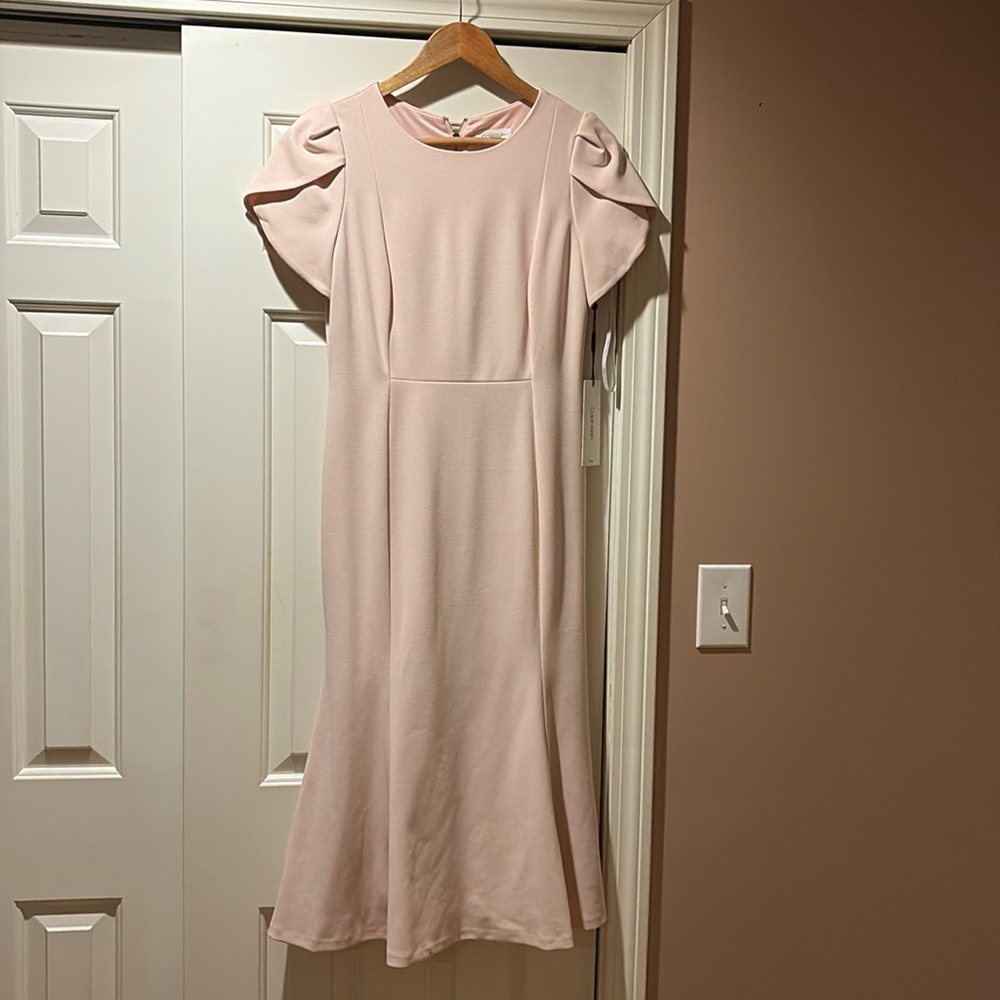 Pink tea length CalvinKlein with cap sleeves.